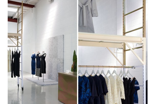 Modular, scaffolding-like clothing racks at Eugénie can be easily reconfigured and transported. 