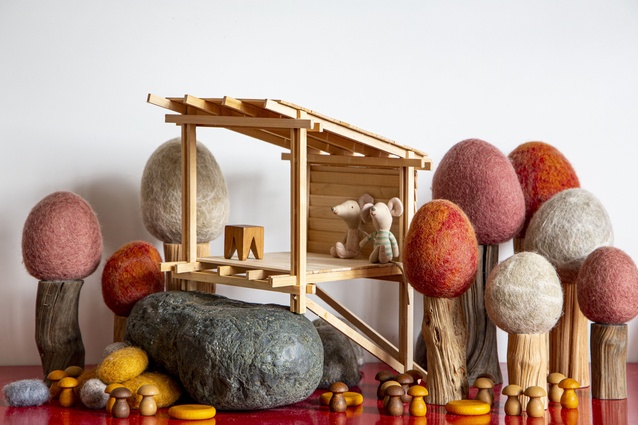 Finalist: Ross (age 37) and Arte (age 6) – "This is A House for a Mouse. A small amount of shelter in amongst the trees to sit and contemplate life...and dream of cheese!" Made from strips of pine and hot glue.