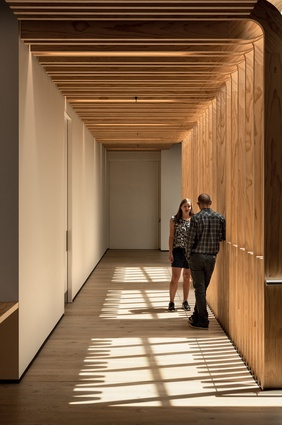 The elegant timber fins lead staff members along the mezzanine walkway to the innovative full-height ‘pivot’ door to their offices.
