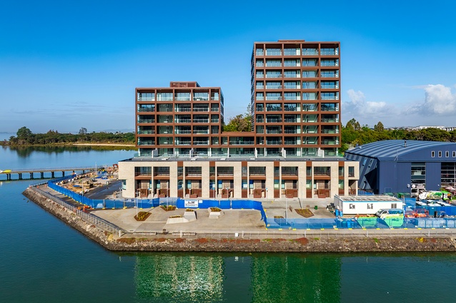 Catalina Bay Apartments as completed in July 2024 with landscaped forecourt designed by Cheshire Architects.