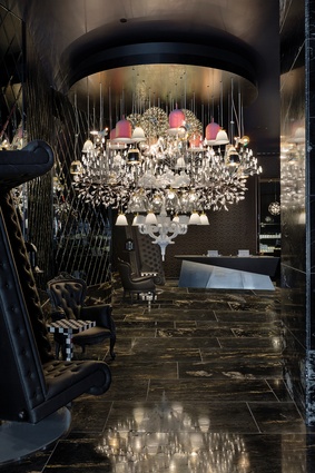 The Mega Chandelier by Moooi Works commands the SO/ Auckland entry foyer with 68 individual lamps. 