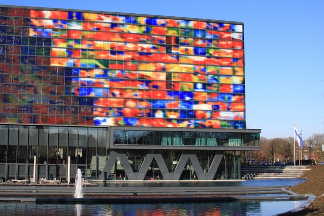 Netherlands Institute for Sound and Vision, by Neutelings Riedijk Architects. The façade consists of coloured relief glass depicting famous images from Dutch television.