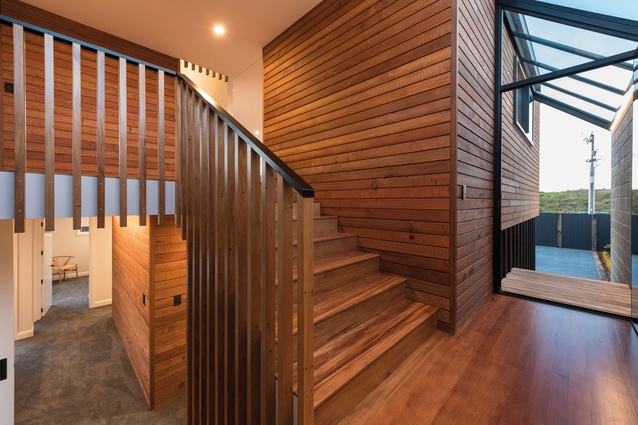 Papamoa Beach House: the timber-clad entry foyer.