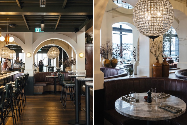 In Saxon + Parole, a mezzanine houses the main bar underneath, with a private dining area above. A timber ceiling treatment with Coombes & Gabbie pendants references classic yachting.