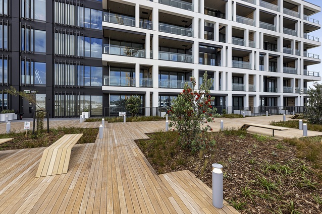 The complex features 84 apartments and six townhouses centred around a communal courtyard.