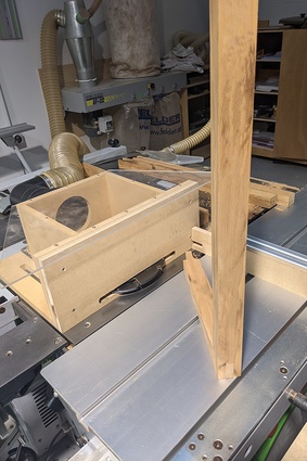 In scaling up the production of the tables, Gandon began using a spindle moulder to create the bridle joint.
