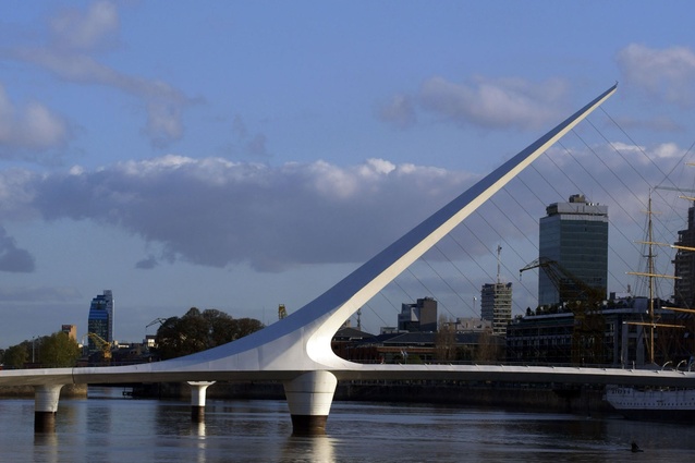 Puente de la Mujer, Argentina by Santiago Calatrava. Opened 2001. The portion of the bridge's deck supported by the inclined pylon can rotate a full 90 degrees to let ships pass.