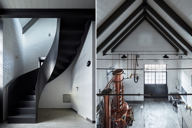 Javorník distillery in the Czech Republic by ADR studio. The architects added this facility to an existing farm which features a striking, black spiral staircase and small square windows.