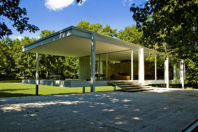 Farnsworth House, Illinois by Mies van der Rohe. This famous glass pavilion boasts floor-to-ceiling windows that create a strong relationship between the house and nature.