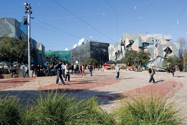 Melbourne's Federation Square is a largely user-defined space in which the routes through it echo the city's grid and laneway system. 