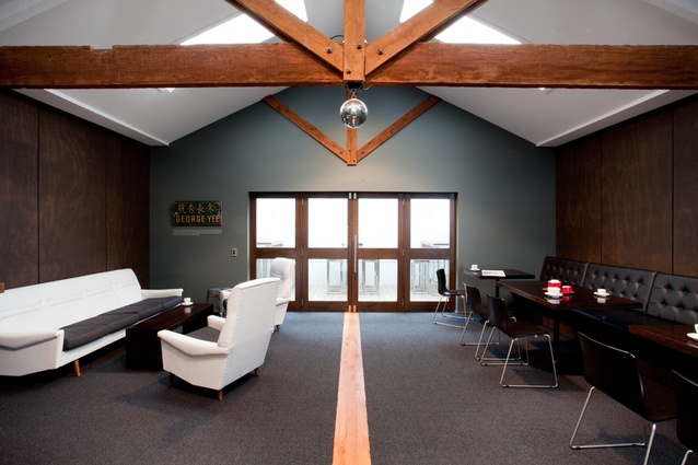 The first floor offices of BrandAid. Original beams were sandblasted to expose the natural wood.