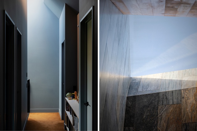 Left: Natural light is introduced to the upstairs hallway by way of a skylight above the stair. Right: Skylights in the upstairs bathrooms mitigate the lack of exterior windows on the southern boundary.