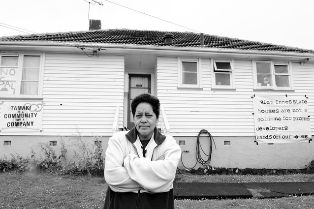 <em>A Place to Call Home</em> film: Betty Kanuta standing in front of her North Glen Innes state house.