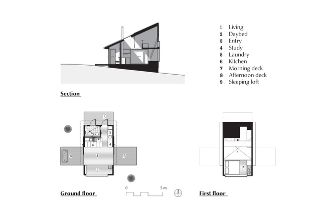 Plans and section of Bruny Island Cabin by Maguire and Devine Architects.
