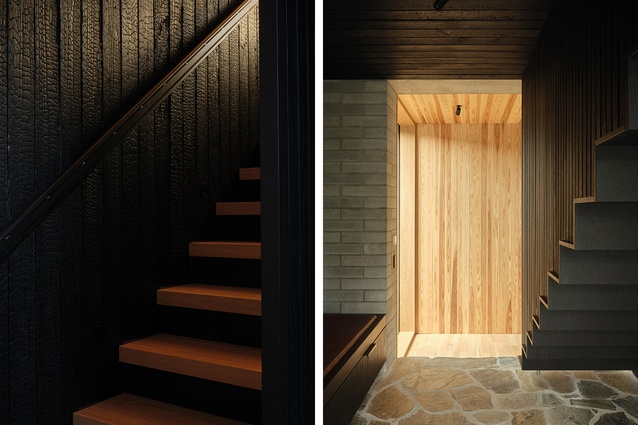 Left: The stairway to the main bedroom, lined with charred Japanese cedar. Right: In the mudroom in the ‘retreat’ block, with stairs to the upper-level main bedroom at right.