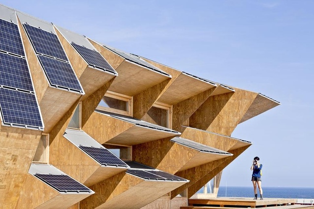 Endesa Pavilion, Barcelona. The structure uses "solar bricks," which insulates the interior from solar radiation and collects information about the building's energy usage.