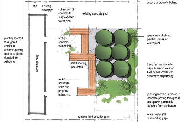 A concept plan developed that provides an informal seating area using recycled wooden pallets and gabions relocated from Victoria Green, Christchurch.
