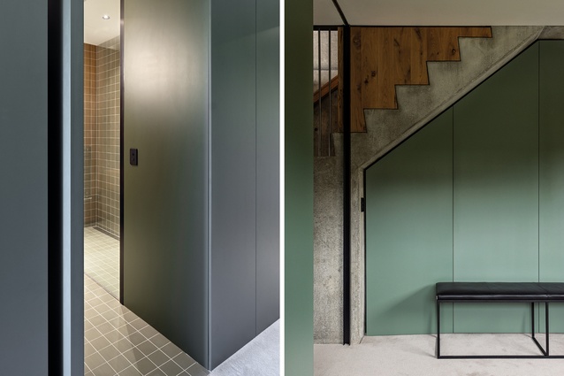 Left: The smooth green joinery box cracks open to reveal the bathroom within. Right: Fine quality craftmanship is evident in the concrete, the timberwork and the painted MDF joinery.