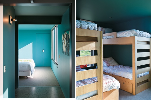 Looking into the guest bedroom at the southern end of the house; the bunkroom in the guest ‘box’ – the bunks were designed by the architect. 