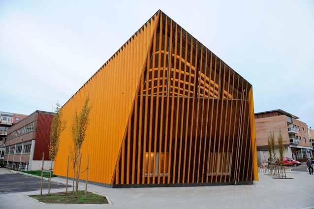 The angular façade conceals the organic shapes within.