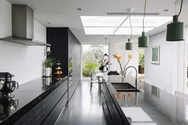 The kitchen flows seamlessly into the dining area.