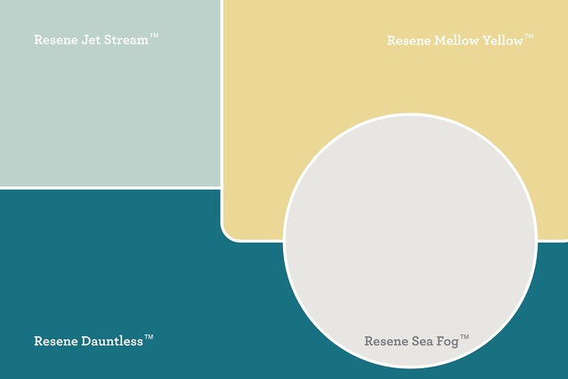 Ben’s Resene colour selection features <a 
href="https://www.resene.co.nz/swatches/preview.php?chart=Resene%20Multi-finish%20range%20%28pre%202006%29&brand=Resene&name=Jet%20Stream&srsltid=AfmBOooAXL_9Vf2Fv8sGOo08pZlfZmMhXGRpWNR8fqLHCaTgm6XKalJP"style="color:#3386FF"target="_blank"><u>Resene Jet Stream</u></a>, <a 
href=" https://www.resene.co.nz/swatches/preview.php?chart=Resene%20Multi-finish%20range%20%282016%29&brand=Resene&name=Dauntless&srsltid=AfmBOormLORed4gR9D707ZgxPkBYbcj5SbndiTPaOMtE_c2VWsvgOzdi"style="color:#3386FF"target="_blank"><u>Resene Dauntless</u></a>, <a href="https://www.resene.co.nz/swatches/preview.php?chart=Resene%20Multi-finish%20range%20%282016%29&brand=Resene&name=Mellow%20Yellow&srsltid=AfmBOopKdwiLCPo3hyPVLqCeLBGgYaxUL-xU8mOjH3DLxKPfmNtDINki"style="color:#3386FF"target="_blank"><u>Resene Mellow Yellow</u></a> and <a href=" https://www.resene.co.nz/swatches/preview.php?chart=Resene%20special%20palette%20-%20Arrowtown&brand=Resene&name=Sea%20Fog&srsltid=AfmBOopInxQVppaUZI-s6Kagks7qsqW9QilRpzU43Uo0QxcXT1bRGqn2"style="color:#3386FF"target="_blank"><u>Resene Sea Fog</u></a>. 