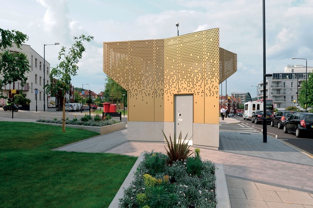 This golden toilet in Wembley, London, by Gort Scott, celebrates the public toilet building. 
