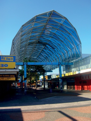 The abstracted fish canopies that gave a Pacific identity to the otherwise bland Otara Town Centre (1987). 