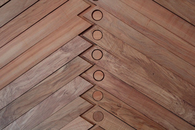 From <em>The buildings notice me</em>, Brook Konia’s Tūrangahakoa (detail), 2022, reclaimed timbers: tōtara, rimu, matai and pine, 850 x 905 x 15mm. 