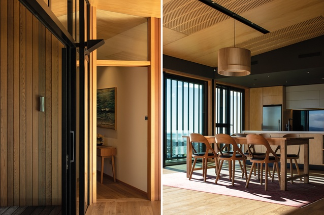 Vents, slats and sliding doors with composite paper-like screens lend a Japanese taste to the house, along with the extensive use of pale timber