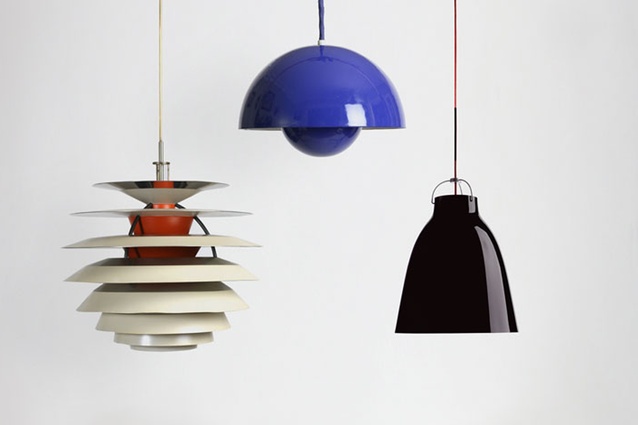 PH Contrast lamp, designed by Poul Henningsen for Louis Poulsen; Flowerpot lamp by Verner Panton for Louis Poulsen; Caravaggio Pendant by Cecilie Manz for Lightyears.