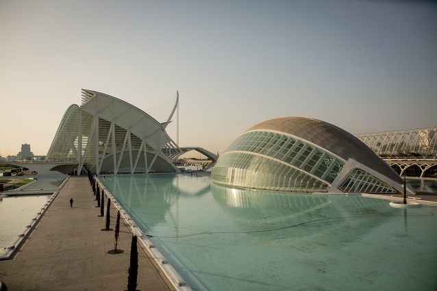 In Valencia, Santiago Calatrava’s “white forms of the City of Arts and Sciences rise from reflecting ponds like great sea creatures emerging from the ocean”.
