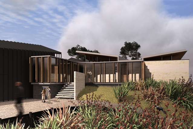 Arkles Bay House by Context Architects. To be completed in 2016, this home features a rammed earth wall.
