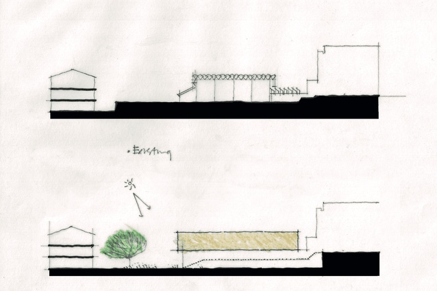 The Hub, Victoria University of Wellington. Top: Existing long section. Bottom: Proposed long section.