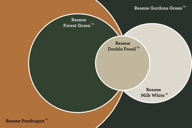 Be inspired by Darrelle’s Japanese-inspired palette using <a href="https://www.resene.co.nz/swatches/preview.php?chart=Resene%20Multi-finish%20range%20%282016%29&brand=Resene&name=Pendragon&srsltid=AfmBOooN5IQZMQY8rCUmfYglRR546yVjA0FvTpdkQX89pH1Tv2dQYUT1"style="color:#3386FF"target="_blank"><u>Resene Pendragon</u></a>, the deep greens of <a 
href="https://www.resene.co.nz/swatches/preview.php?chart=Resene%20special%20palette%20-%20Waikato%20Coastal&brand=Resene&name=Forest%20Green&srsltid=AfmBOoq8mwMRoO04bHCH65X2RWOQKaM049JPxvgVNW07YGYp9UpVHKpo"style="color:#3386FF"target="_blank"><u>Resene Forest Green</u></a> and <a 
href="https://www.resene.co.nz/swatches/preview.php?chart=Resene%20Lumbersider%20range%20%282005%29&brand=Resene&name=Gordons%20Green"style="color:#3386FF"target="_blank"><u>Resene Gordons Green</u></a>, the warm beige of <a 
href="https://www.resene.co.nz/swatches/preview.php?chart=Resene%20The%20Range%20whites%20%26%20neutrals%20%28pre%202005%29&brand=Resene&name=Double%20Fossil"style="color:#3386FF"target="_blank"><u>Resene Double Fossil</u></a>, and neutral white of <a href="https://www.resene.co.nz/swatches/preview.php?chart=Resene%20Karen%20Walker%20range%205&brand=Resene&name=Milk%20White"style="color:#3386FF"target="_blank"><u>Resene Milk White</u></a>.