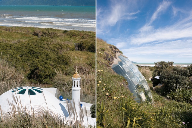 (Left) The roofs of the white domes above the beach at Peka Peka. (Right) The glass geodome merges with an earth structure to form the Eisenhofer’s house.