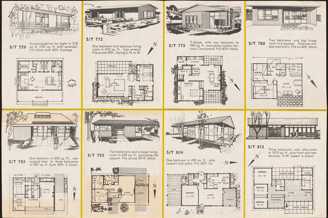 Folded booklet of 14 home plans prepared by the Small Homes Service NSW conducted by the Royal Australian Institute of Architects (NSW Chapter) in conjunction with <em>Australian Home Beautiful</em> at David Jones, Sydney. 

