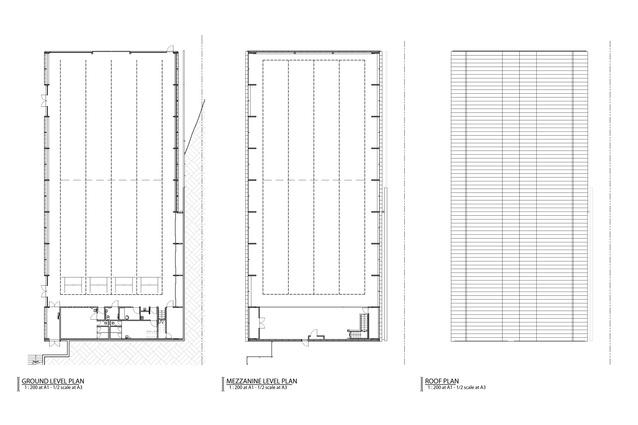 Ground, mezzanine level and roof plan.
