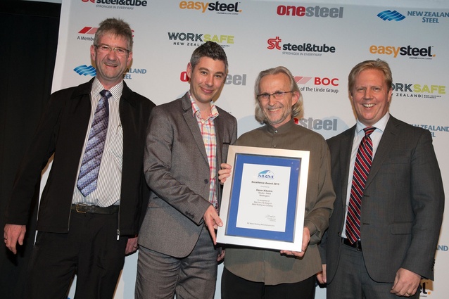 New Zealand Metal Roofing Manufacturers (NZMRM) Excellence Award won by Studio MWA – Tom Marshall, Michael Maddern, Davor Mikulcic, Hon. Todd McClay.