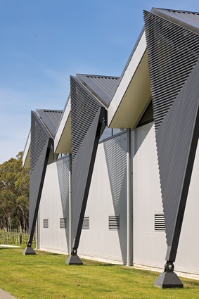 Triangular perforated metal sunshades connect the roof to the ground.