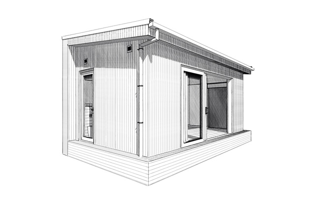 A view from the left, showing the bathroom and large-sliders to the cabin's front.