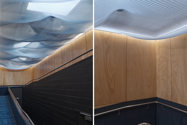 Netball North Harbour by Kanat Studio. A Kaynemaile mesh ceiling creates architectural interest.