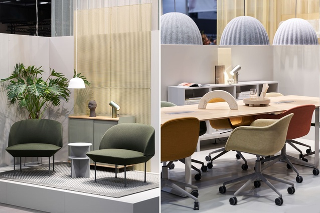 Muuto offered their range in colours that provided a fresh, modern aesthetic. Seen here in the Oslo lounge chair (left) and the Fiber armchair (right).