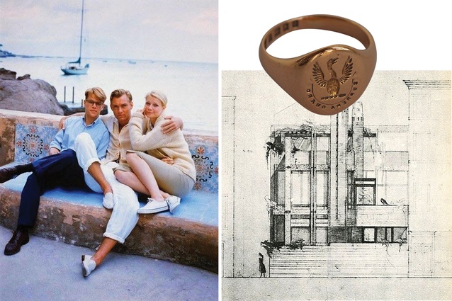 A frame from <em>The Talented Mr. Ripley</em>, directed by Anthony Minghella; Fox’s heirloom ring, passed down from her grandmother; a sketch by Carlo Scarpa.