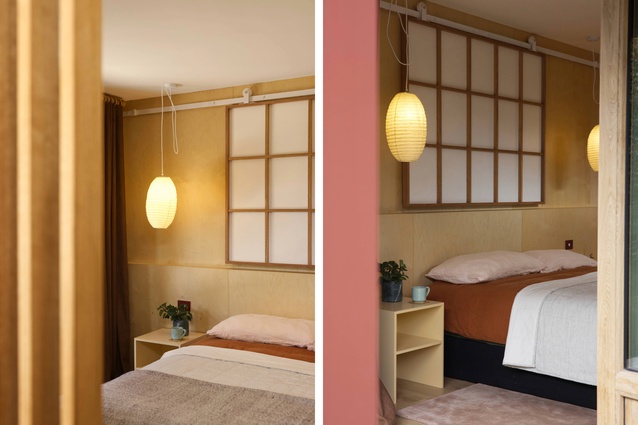 Left: the master bedroom showing sliding shoji screen and rice paper lanterns; right: a view of the bedroom through French doors.