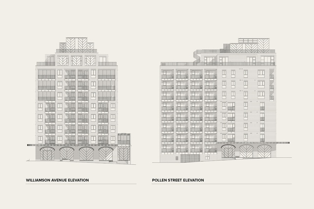 Williamson Avenue elevation and Pollen Street elevation.