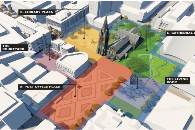 Diagram of the three proposed interconnected spaces at Cathedral Square, Christchurch.