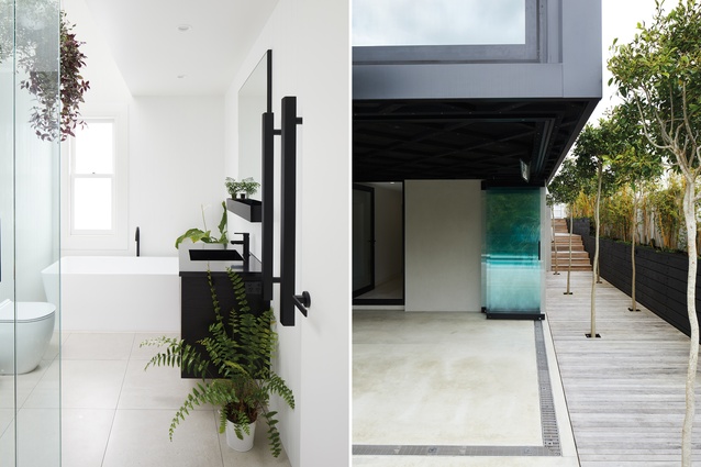 A restricted monochrome palette of black and white throughout the interior and exterior gives the home a modern, edgy feel. 