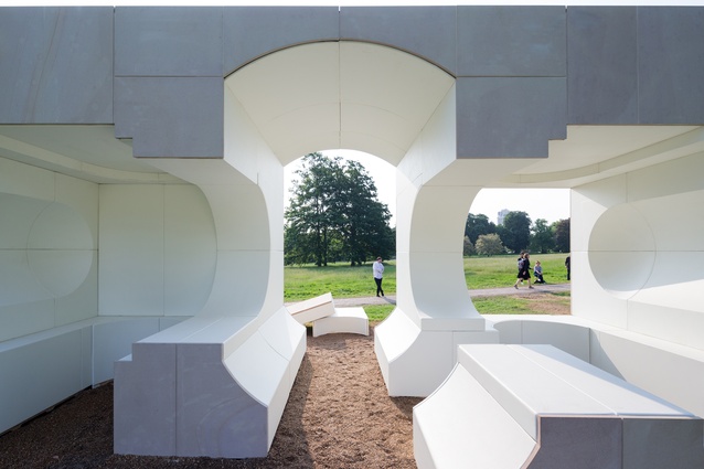 Kunlé Adeyemi-designed Serpentine Summer House. An inverse replica of the historic Queen Caroline's Temple, this is a space for shelter and relaxation.