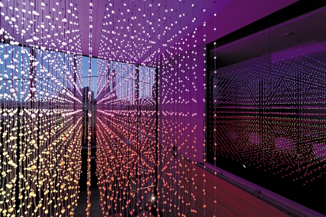 Six-metres above the lobby of the new Royal Society of New Zealand building in Wellington are suspended 4,096 LED balls within a three-metre cube.